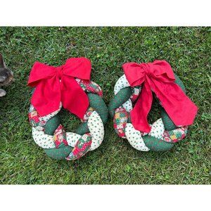 Vintage Christmas Holiday Wreath Braided Fabric 1980’s Kitsch Xmas Set Of 2 Farm
